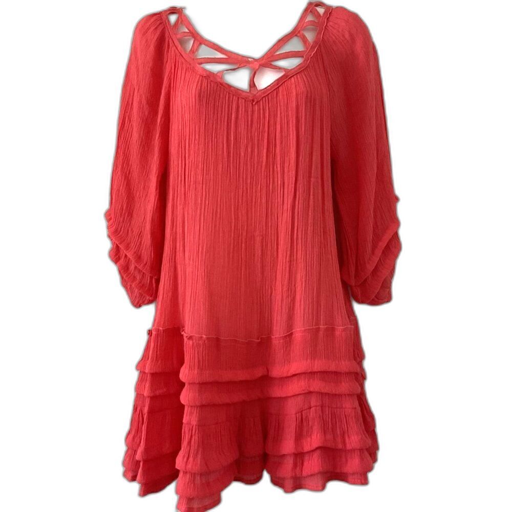Boho Cut Out Tiered Ruffle Tunic Dress Strawberry Small
